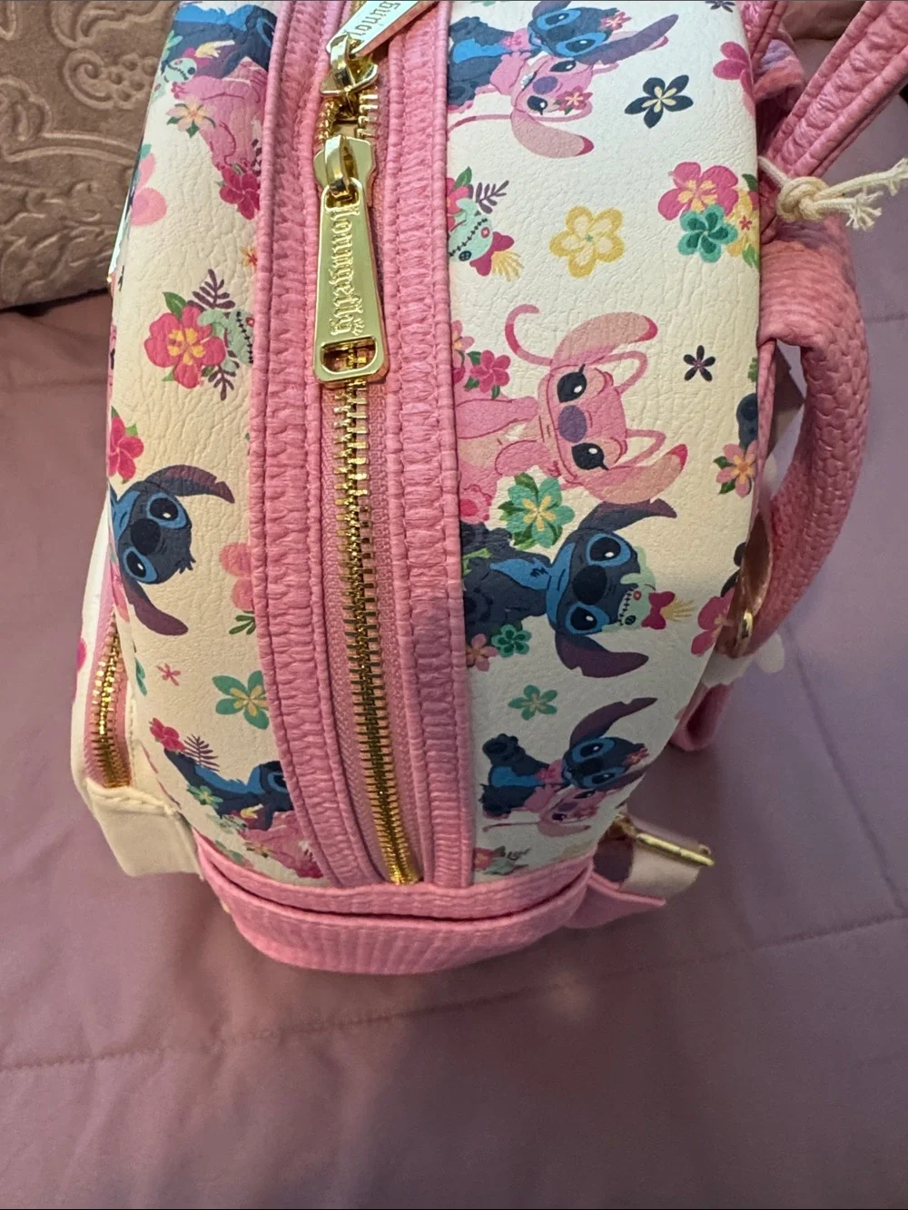 Disney Parks Pink & Blue Stitch and Angel Floral Mini Backpack Loungefly